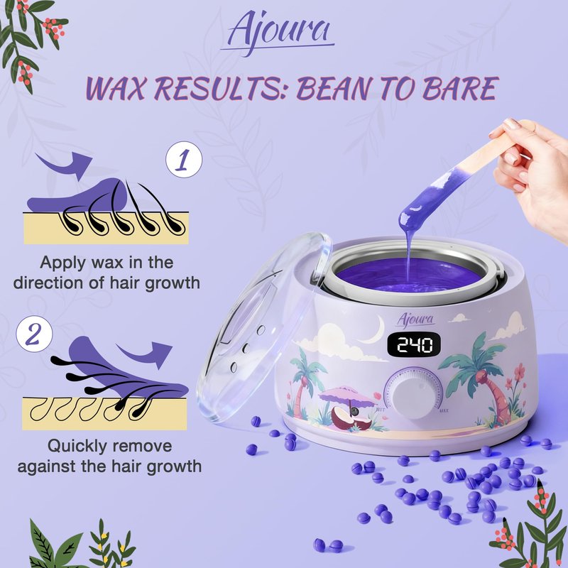Ajoura Professional Wax Warmer Machine, 16oz Capacity Wax Heater Hair Removal Kit with Digital Temp Control & Fast Heat, Includes 30 Sticks for Face, Legs, Bikini, Brazilian and Body (Light Purple)