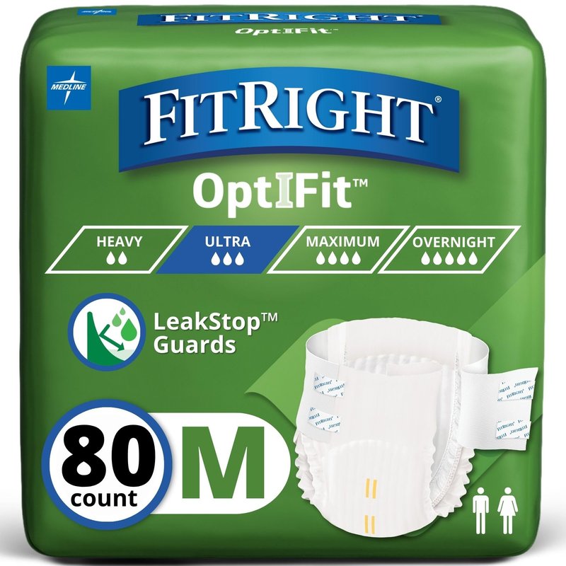 FitRight Ultra Heavy Absorbency Adult Diapers for Men & Women, Waist Size: Medium 32-44 inches, OptiFit Incontinence Disposable Briefs with Leak Protection for Seniors, 80 Count