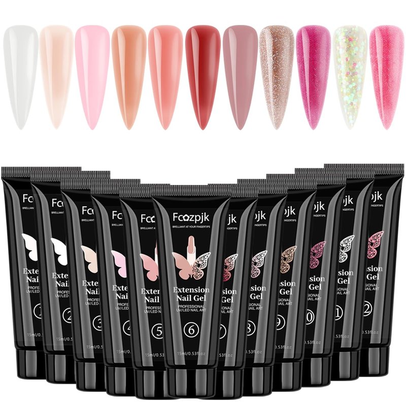 Fcozpjk 12 Colors Poly Gel Kit, Clear White Nude Pink Shiny Glitter Builder Gel Set, Quick Nail Extension, Professional Salon Supplies