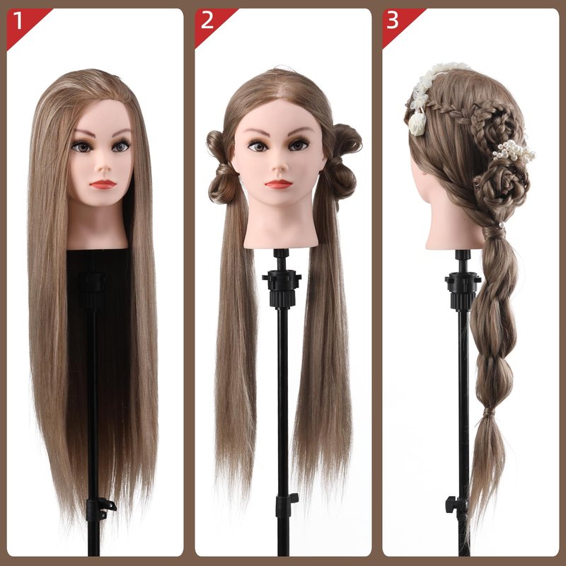 Mannequin Head with Hair, 26" Hair Mannequin Manikin Head Hair Practice Cosmetology Hair Doll Head Styling Hairdressing Training Braiding Cutting Setting with Clamp Holder and Tools