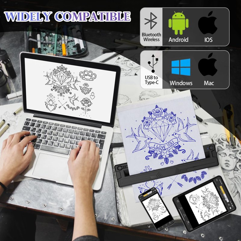 Sacnahe Wireless Tattoo Stencil Printer, Portable Bluetooth Thermal Tattoo Printer with App Custom-Size≤ A4, Print Realistic Portraits, 10 Transfer Papers, Works for Phone/Tablet/PC (Black)