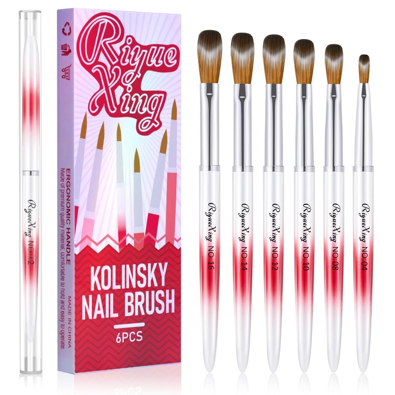 6PCS Acrylic Nail Brush Set, Kolinsky Hair, Oval Crimped Pressed Shaped, Red Metal Handle, Professional Manicure for DIY Home Salon - Sizes 4/8/10/12/14/16