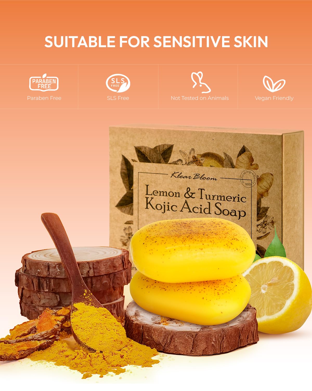 KlearBloom Lemon Turmeric Kojic Acid Soap – Exfoliating Soap with Almond Particles, Vitamin C and Extra Shea Butter, Gentle Brightening & Moisturizing for Face and Body – 105g x 2 Bars