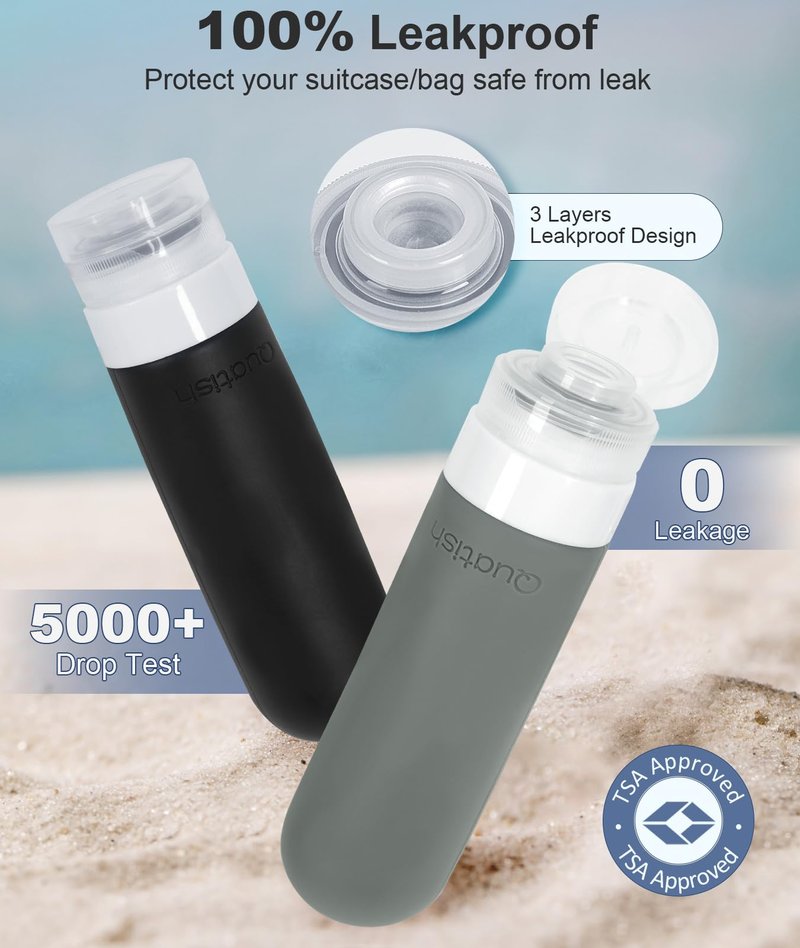 Quatish Travel Bottles for Toiletries 6 Pack, Original Patented Leakproof 3 oz Tsa Approved Travel Size Containers, BPA Free Silicone Shampoo and Conditioner Bottles, Cruise Camping Essentials, Black