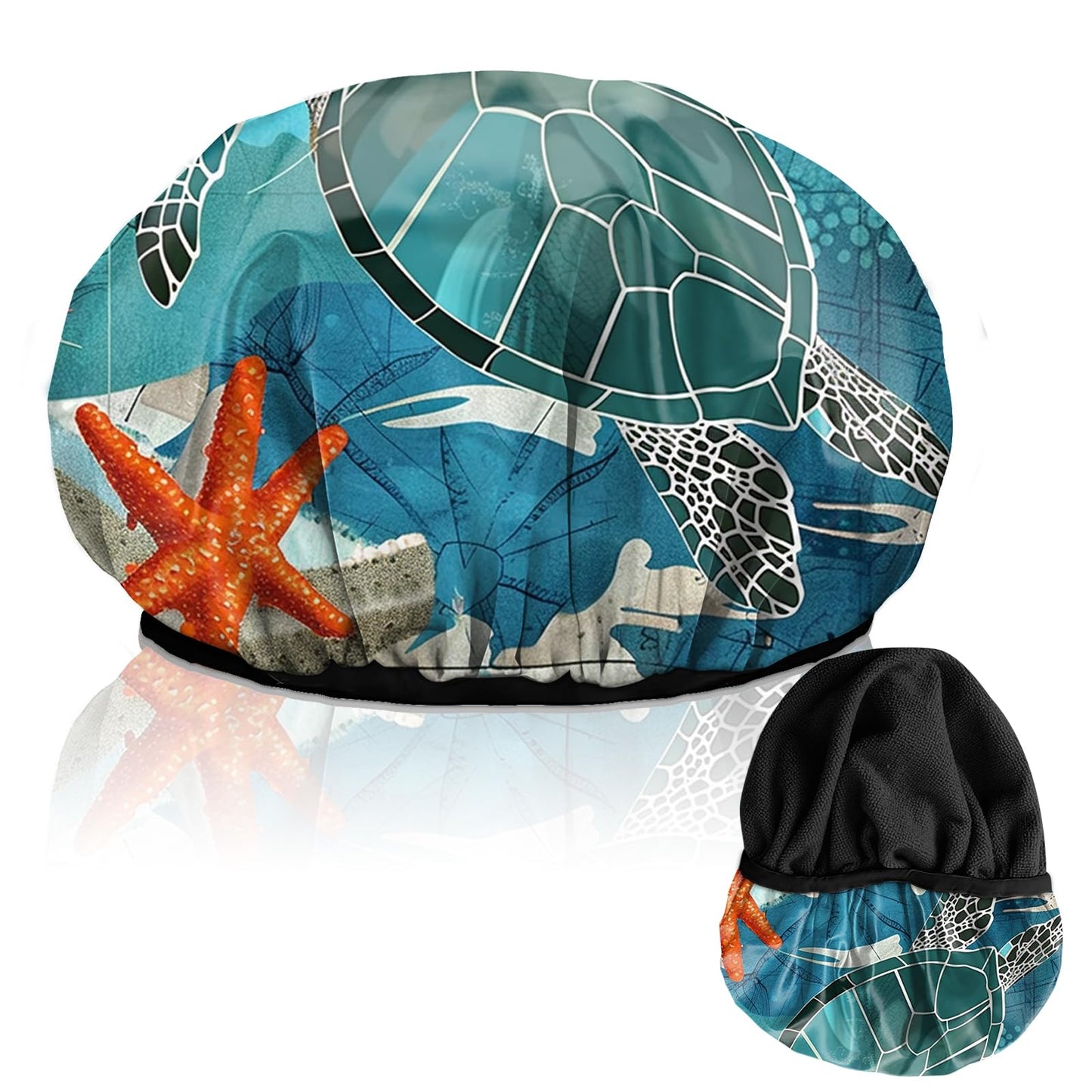 Cabreche Luxury Shower Cap Terry Lined Reusable Triple Layer Waterproof Hair Elastic Caps Shower Bath Hat for Women Girls Cute Aesthetic-Sea Turtle