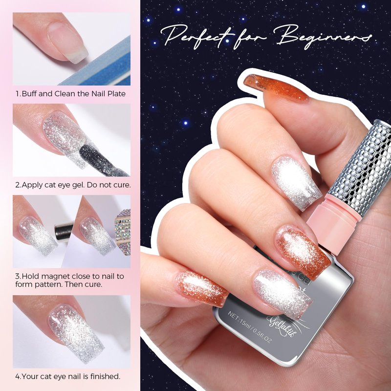 GELLAKTIK 5-in-1 Cat Eye Gel Polish 15ml No Base/Top Coat Needed All-in-One Formula, Beginner-Friendly Magnetic Nail Polish with Magnet Stick, Fast Curing for Home DIY Manicure (Silver)