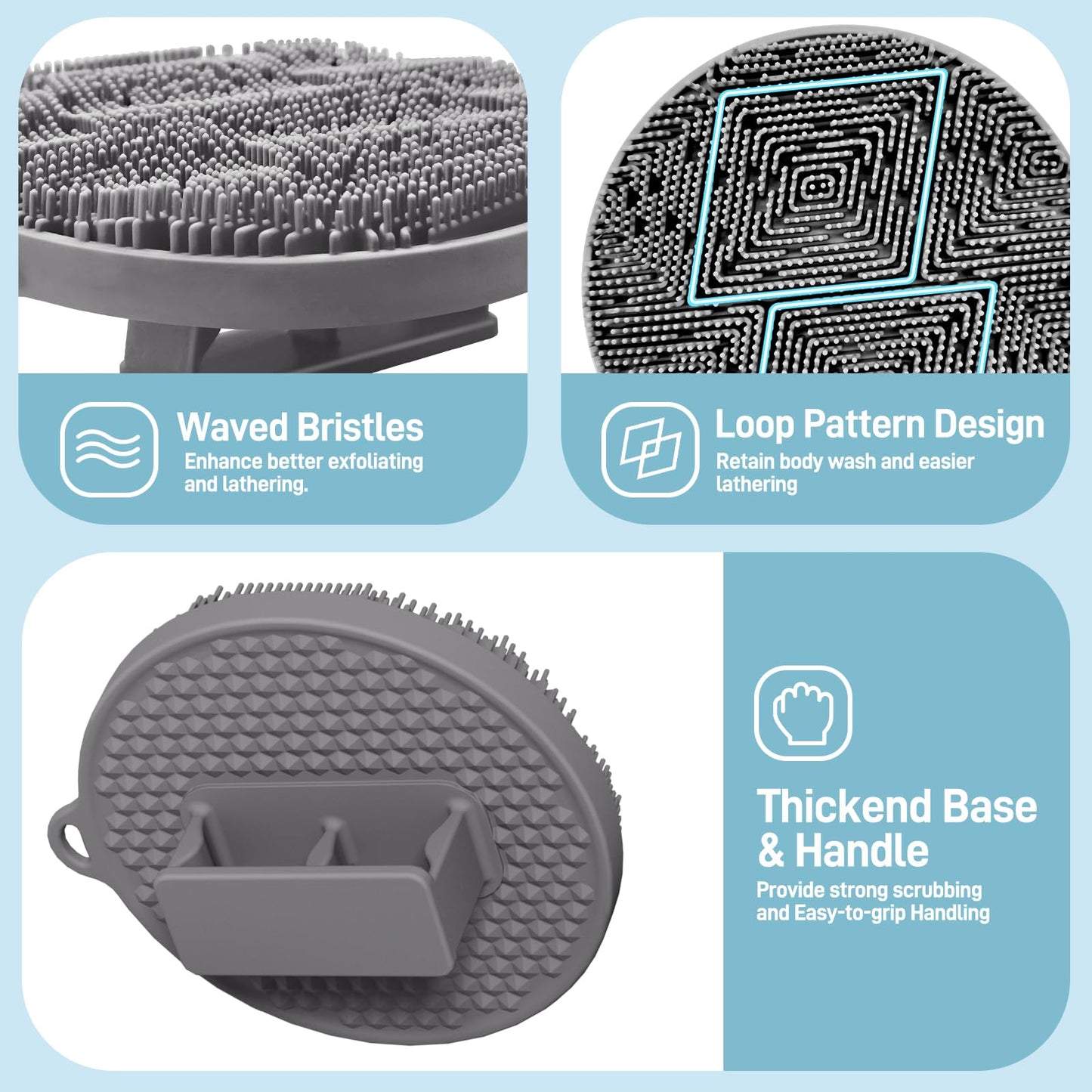 GEENOA Silicone Body Scrubber 2PCS, Exfoliating Body Scrubber Shower Scrubber with Dense Bristles and Comfort Handle, Silicone Loofah Body Buffer for Good-Lathering & Deep-Cleansing(Black+Gray)