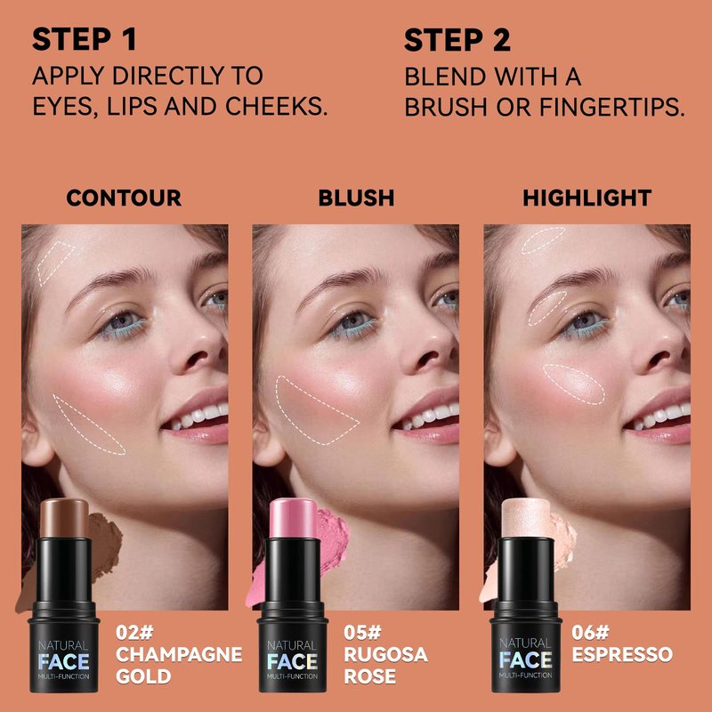 3Pcs Cream Contour Stick Makeup Kit, Shades with Highlighter, Blush and Bronzer Contour Stick for Sculpt the Cheeks, Long Lasting, Waterproof, Matte & Dewy Finish (LIGHT MEDIUM(2+5+6))