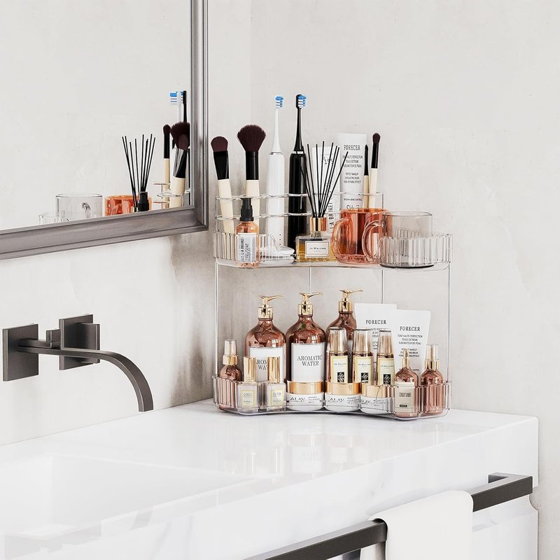 2-Tier Corner Bathroom Counter Organizer - Large Makeup & Skincare Holder | Clear Finish