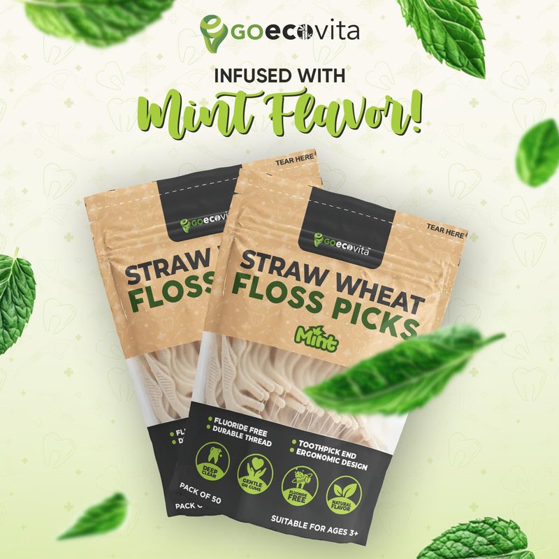 Dental Floss Picks - Straw Wheat Handle Flossers | Thin & Shred-Resistant Thread for Tight Gaps | Flossers for Adults | Gentle on Gums & Teeth | Gluten-Free & Vegan (200 Pack, Mint)