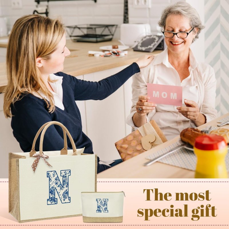Monogrammed Tote Bags for Women, Initial Tote Bag, Personalized Bags for Women, Personalized Birthday Wedding Gift for Womens Friends Wife Mom Brides Monogram N Bag and Makeup Pouch With Zipper