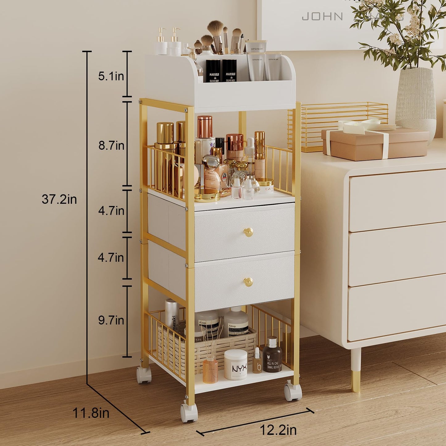 ZQUYAJ Makeup Organizer Storage Cart, Large Skincare organizers, Makeup Stand with Drawers, Makeup Vanity Organizer Cosmetics Display Cases Holder for Skin Care Nail Polish Perfume Makeup Brush (Gold)
