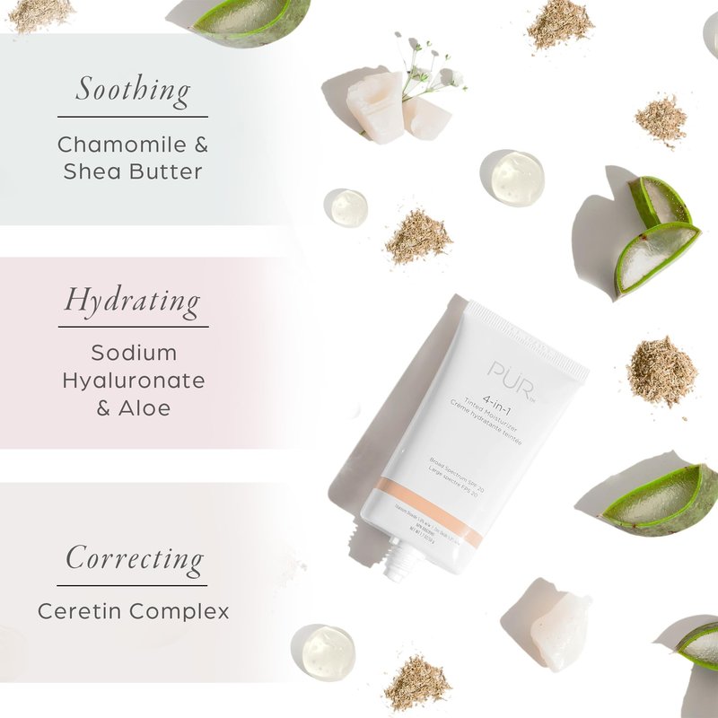 PÜR MINERALS 4-in-1 Tinted Moisturizer with SPF 20 - Hydrating Skin Tint Face Moisturizer, Primer & Foundation with Shea Butter, Aloe Vera & Vitamin B3 - Vegan Friendly, Paraben Free (Bone)