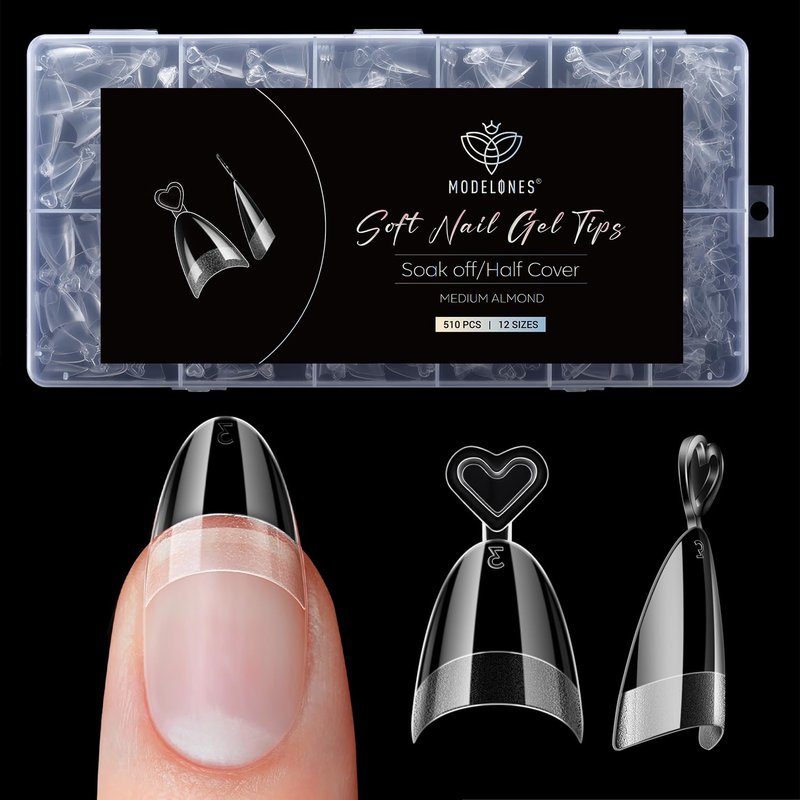 Modelones Medium Almond Gel Nail Tips, 510Pcs Half Cover Fake Press on Nails Tips Pre-Etched Clear Natural Fit Acrylic Gel False Nails for Extension DIY Salon 15Sizes