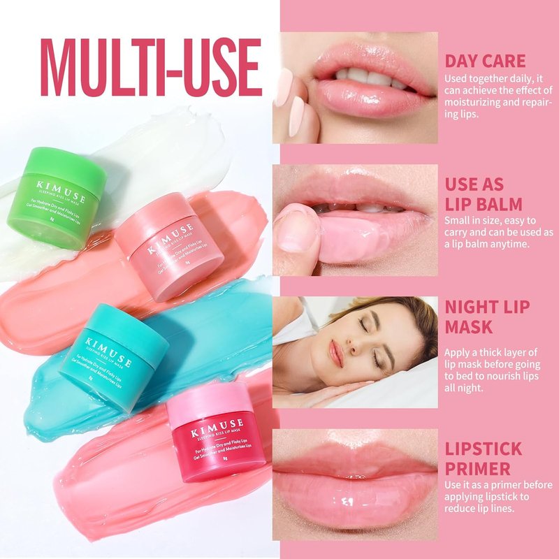 KIMUSE Lip Mask Set - 4PCS Overnight Treatment for Intense Hydration & Nourishment | Moisturizes Cracked Dry Lips