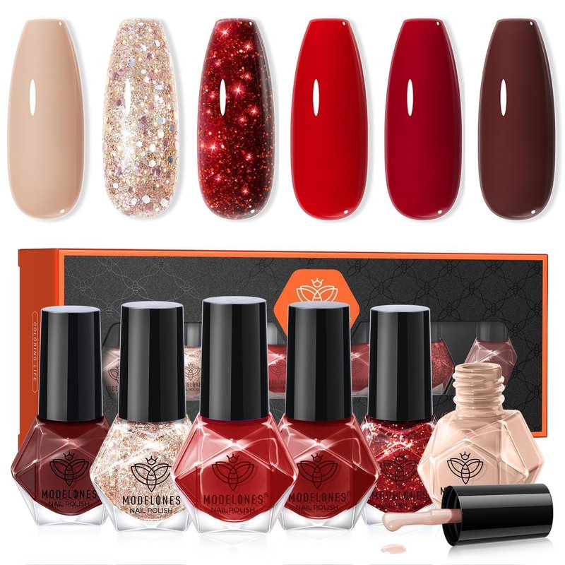 modelones Red Nail Polish Set 6 Colors,Valentines Brwon Nude Burgundy Gold Glitter Quick Dry Sparkle Mini Manicure Kit DIY Nail Art Salon Home Gifts for Women Girls