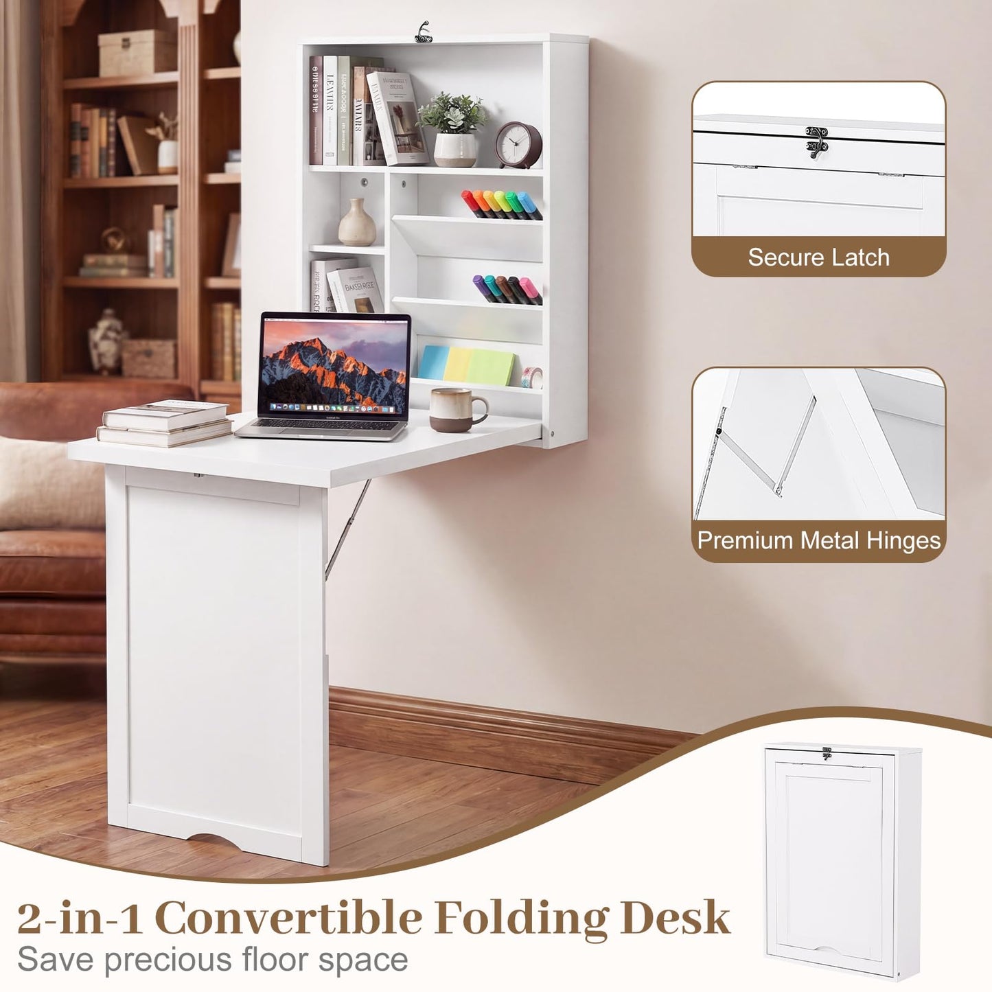Tangkula Folding Wall Mounted Desk, Convertible Fold Out Floating Table with Storage Shelves, Space-Saving Drop Leaf Table, Murphy Desk for Craft, Study, Small Spaces, Home Office, Dorm, White
