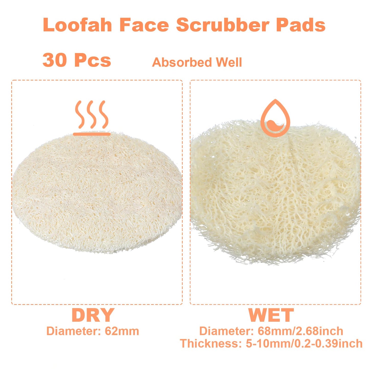 Nogeqi 30 Pcs Natural Loofah Sponge Pads, 2.36 Inch Exfoliating Body Facial Scrub Pads for Makeup & Dead Skin Masks Removal Washing Face, Exfoliator Scrub Brush for Men Women Bath Shower Spa