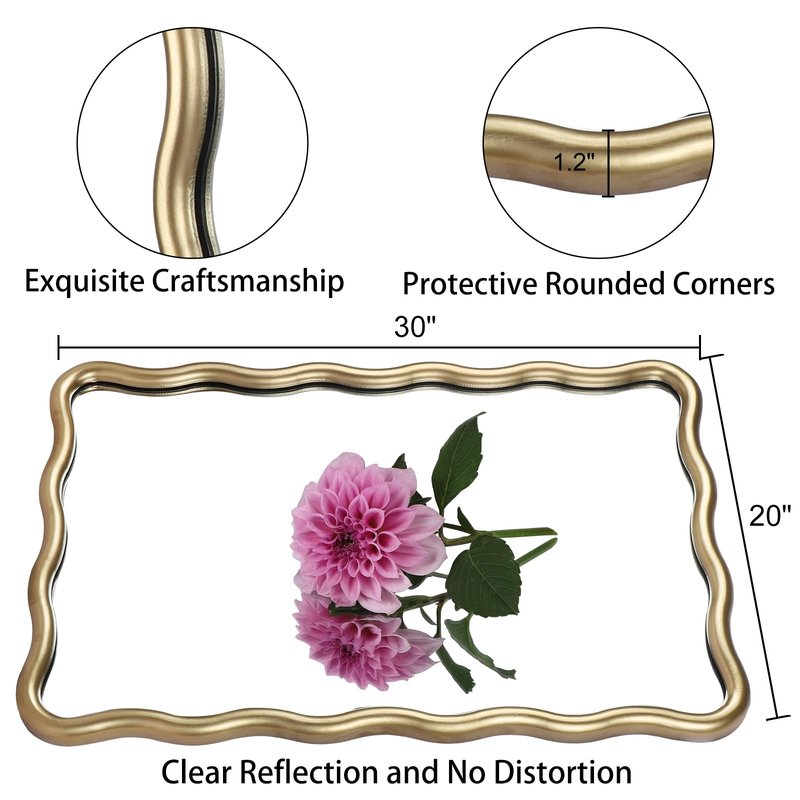 20''x30'' Rectangular Wavy Wall Mirror - Modern Decorative Bathroom Mirror with Scalloped for Modern Farmhouse Vanity, Living Room, Entryway, or Hallway (Gold)