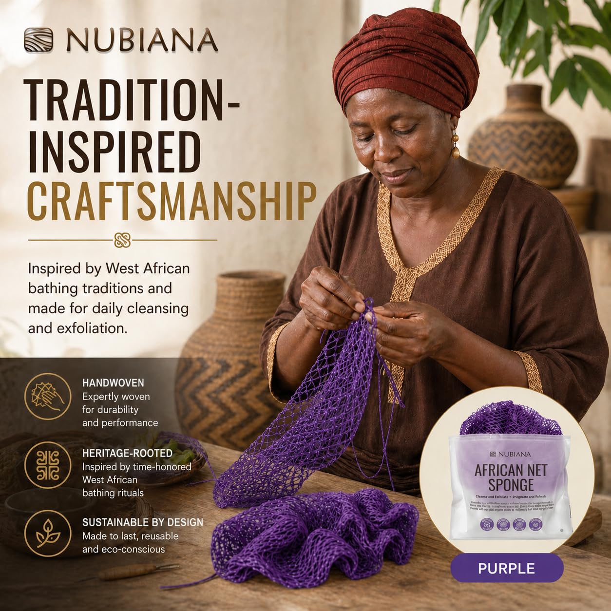 Nubiana African Net Sponge Authentic with Knots, 45 Inch Handwoven Nigerian Exfoliating Body Sponge with Handles, Quick-Drying Nylon Mesh Body Scrubber, Reusable Bath Sponge (Purple)