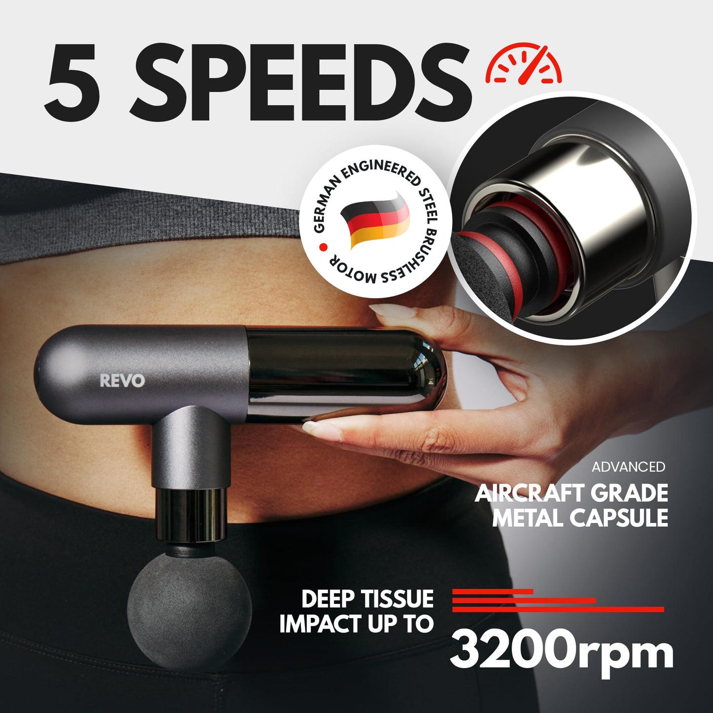 The Pill by REVO - Handheld Deep Tissue Electric Massage Gun with 4 Attachments - Powerful, Sleek, Ergonomic, Lightweight - Compact and Easy to Hold Percussion Muscle Massager