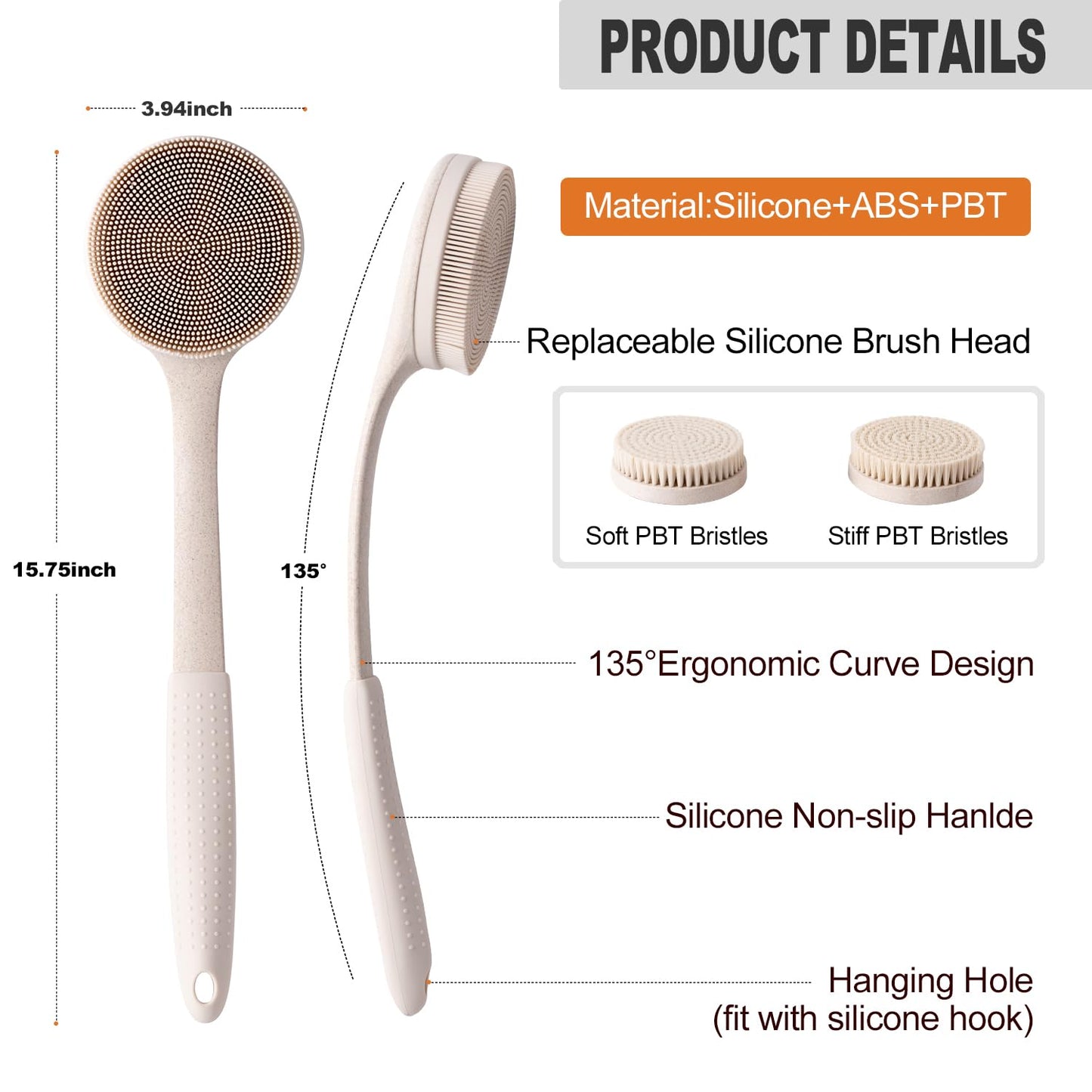 Long Handle Shower Back Scrubber,15.75 Inch Ergonomic Curved Brush with 3 Replaceable Heads with Soft and Firm Bristles,Silicone Handle for Easy Back Cleaning and Exfoliation,Bath Body Brush(Beige)