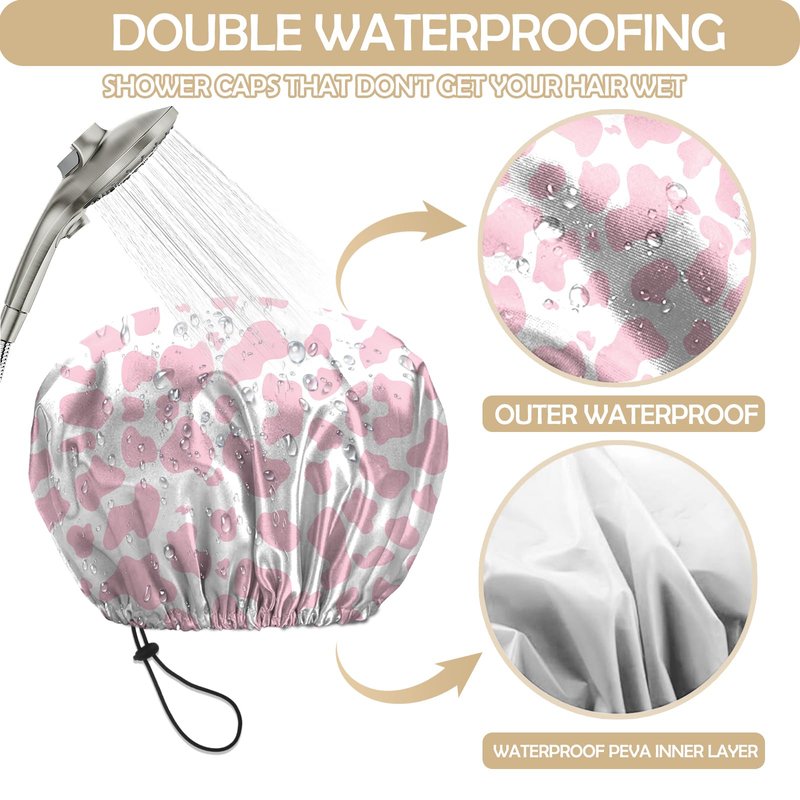 BHAHB 2 PCS Shower Cap Reusable Waterproof Double Layer Elastic Adjustable Hair Bath Caps Cute Aesthetic for Women Girls-Cow leopard