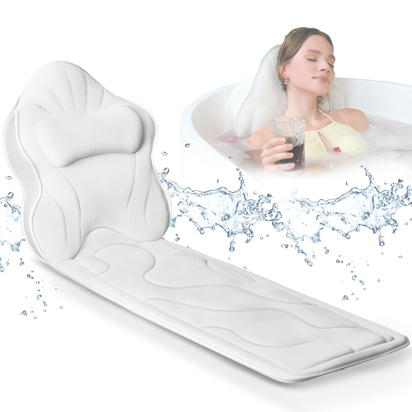 Poemland Luxury Thick Full Body Bath Pillows Mat & Cushion for Bathtub Headrest Neck Shoulder Support Comfort Relaxation Spa Accessories Perfect for a Spa Soak in Bathtub (White)