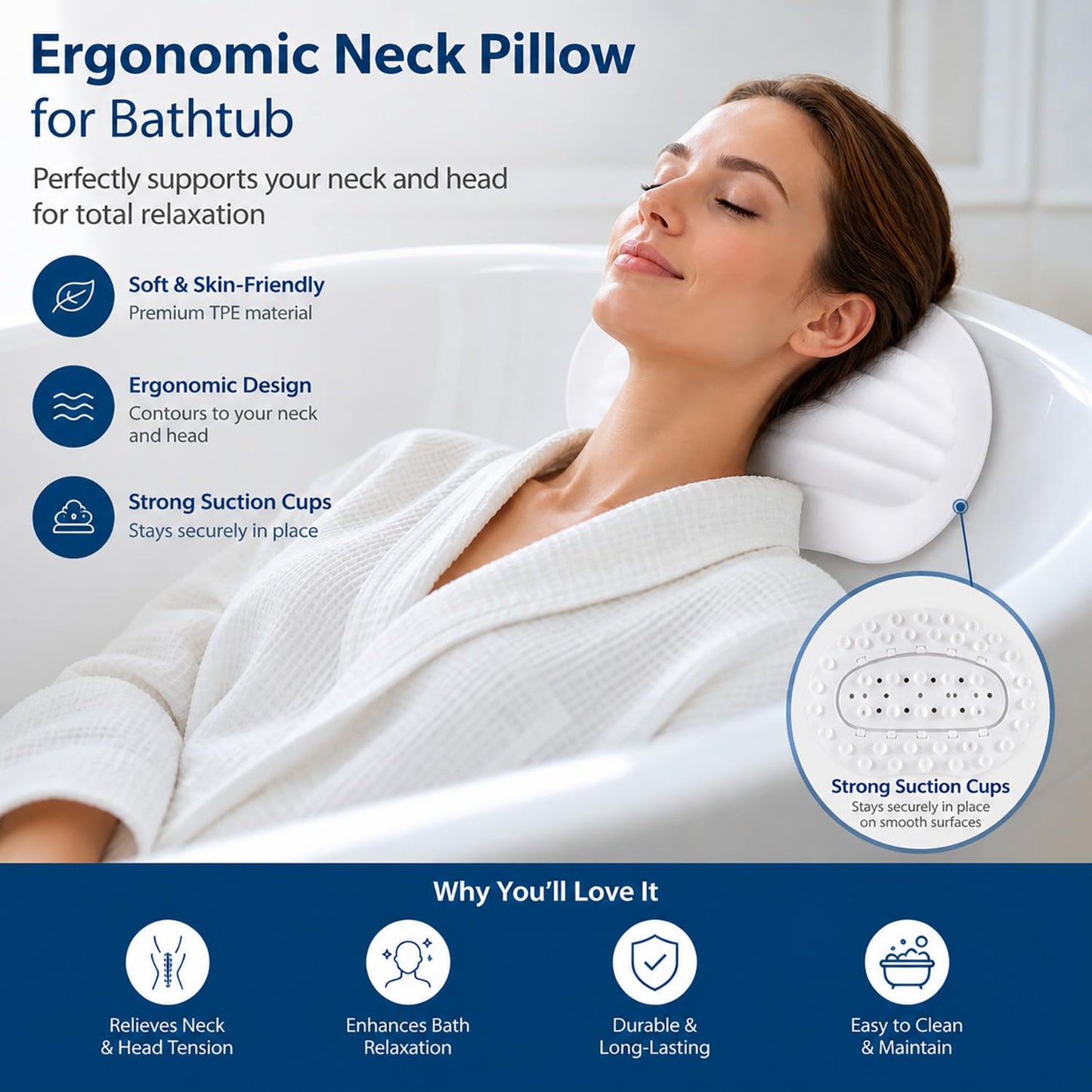 Sfirey Small Bath Tub Neck Pillow, TPE Waterproof Suction Cups Bathtub Neck Pillow & Cushion, Ultra Thin, Lightweight Quick Drying Bath Accessories Spa Gifts for Women,White (13x9.6x1.6 Inch)