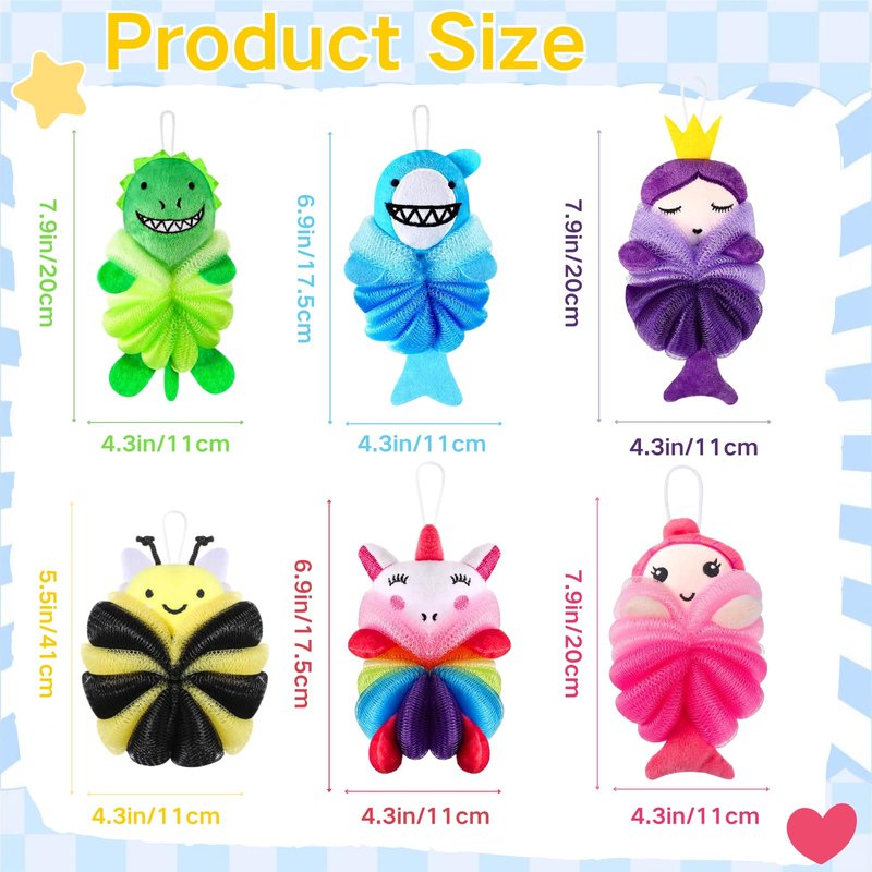 ASTRYAS 6 Pcs Bath Loofahs Kids Toddler Cute Animal Bath Sponges Loofah Pouf Body Scrubber Mesh Sponges for Children Shower Washing Exfoliating