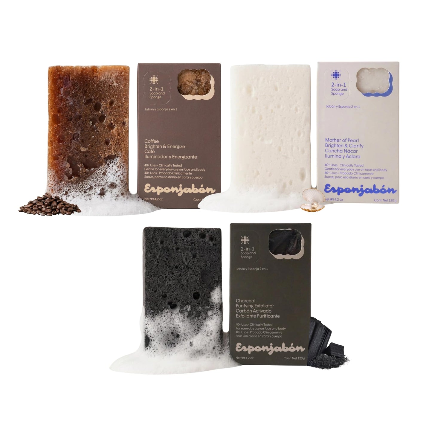 T.Taio Esponjabon Mother of Pearl, Charcoal, and Coffee Soap Sponges — Shower Scrubbers that Remove Oil and Dirt — Sponges to Scrub Foot, Elbow, and Face — Bathroom Accessories — Fresh Scent (3-Pack)