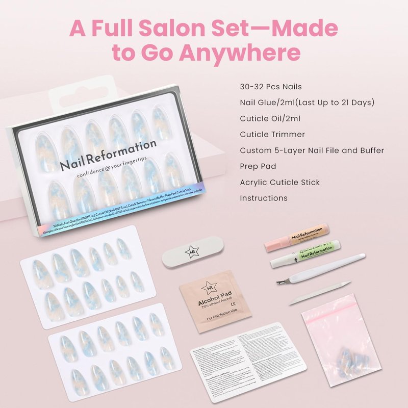 Press On Nails - Marble Dream Pastel Almond Fake Nails | Reusable Glossy Finish in Blue, Pink, White - 30 Nail Kit with Glue, 15 Sizes