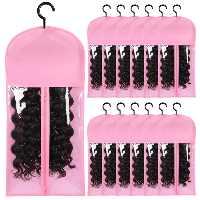 12PCS Wig Storage Bags with Hanger - Hair Extension Holder for Multiple Wigs, Extensions & Accessories (PINK)