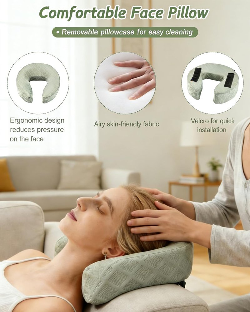 ivebed Massage Headrest for Bed, Adjustable Height Memory Foam Head Holder with Washable Pillow Cover, Portable Home Comfort Face Down Cradle Kit for Rest Neck Shoulder at Mattress (Green)