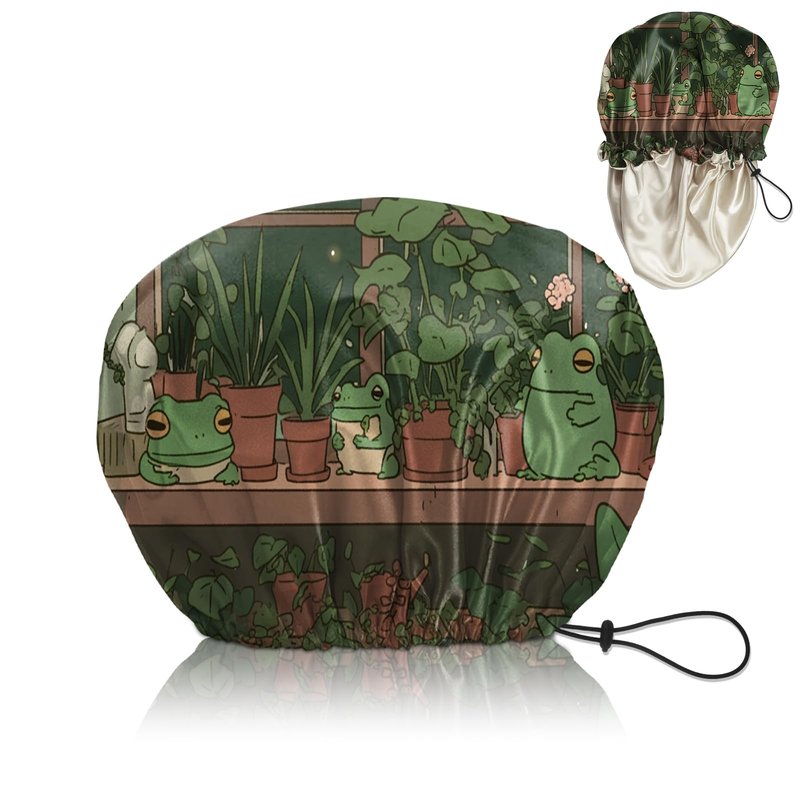 Cabreche Luxury Shower Cap Satin Silk Lined Adjustable Elastic Reusable Waterproof Shower Bath Cap Cute for Women Girls-Frog