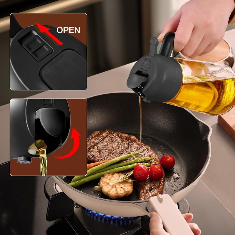 Glass Olive Oil Sprayer - 16oz Food Grade Spray Bottle for Cooking | Premium 2-in-1 Dispenser for Salad, Frying, BBQ (Black)