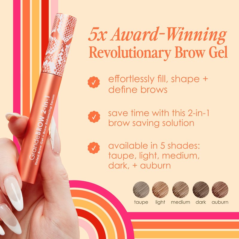 Grande Cosmetics GrandeBROW 2-in-1 Tinted Brow Gel + Brow Enhancing Serum for Thicker & Darker-Looking Eyebrows, Shape & Fill Brows, with Castor Oil & Mini Fibers - Medium, Full Size (0.12 fl oz)