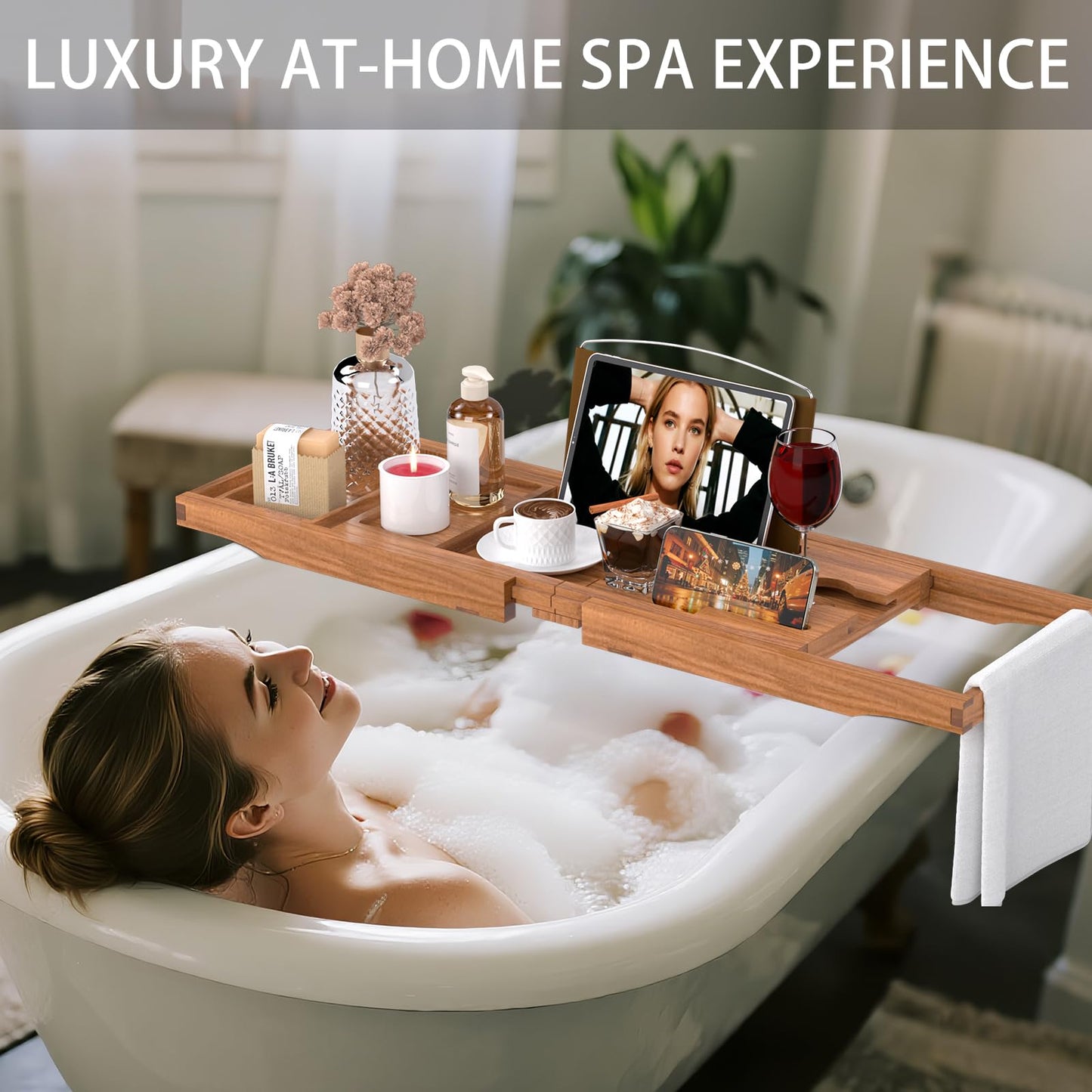 Teak Bathtub Caddy Tray for Tub, Foldable Luxury Bath Table Tray with Book and Wine Glass Holder, Expandable Bathroom Accessories for Spa or Reading