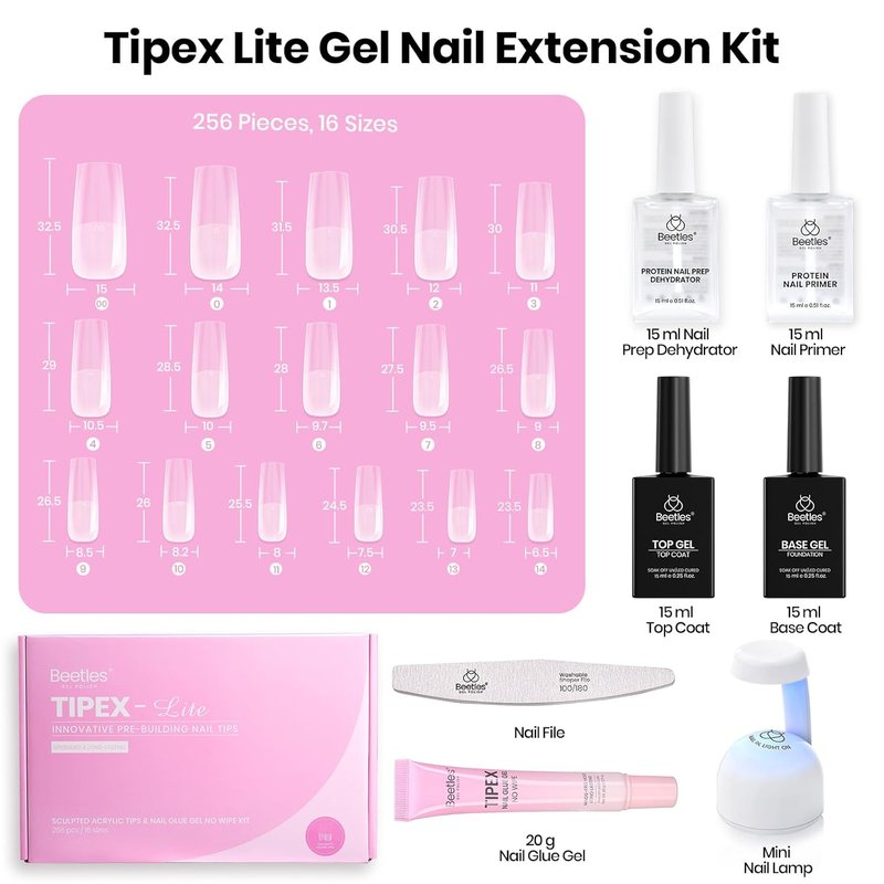 Beetles Nail Tips Kit - Long Square 256PCS with Dehydrator, Primer & Mini UV Lamp | All-in-One DIY Starter Set