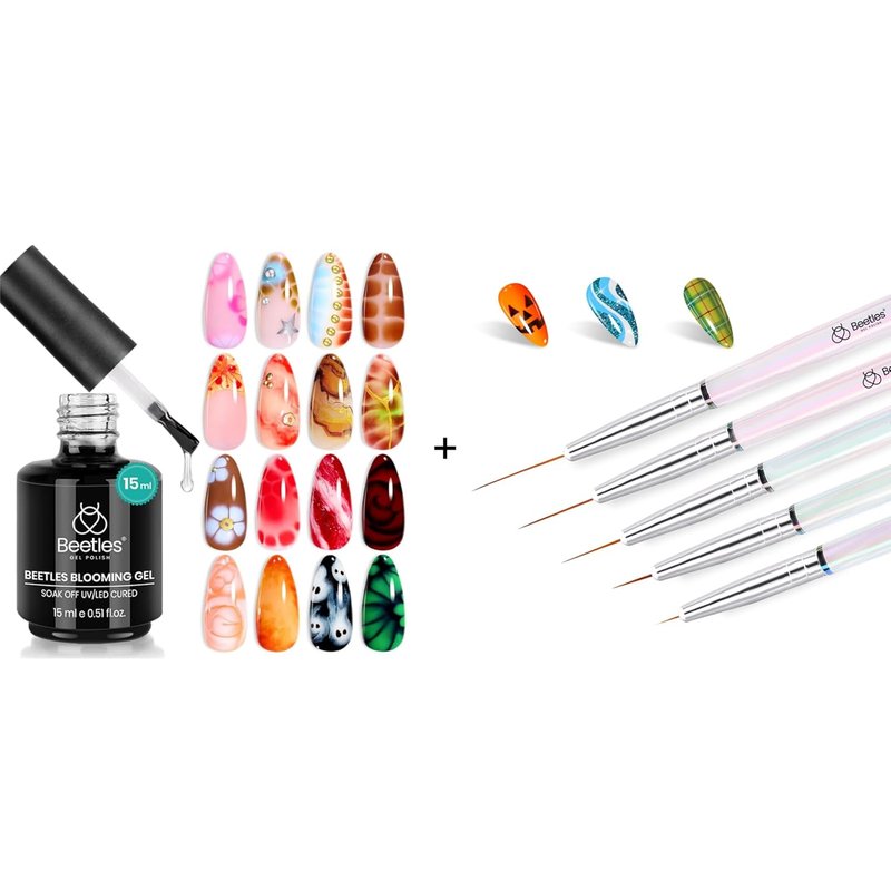 Beetles Nail Art Brushes Set - 5 Pcs Liner Brushes & 15ml Clear Blooming Gel Polish for Marble Effect