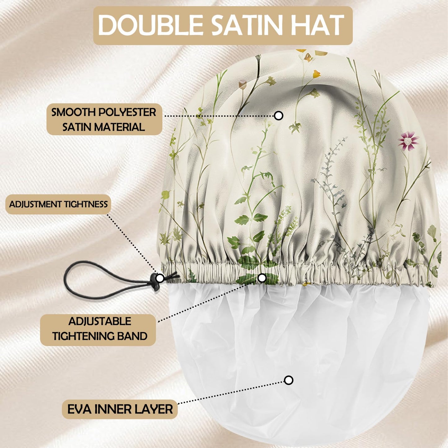 Zewurtuw 2 PCS Shower Cap Adjustable Reusable Double Waterproof Layer Elastic Hair Bath Cap Cute Aesthetic for Women Girls-Floral