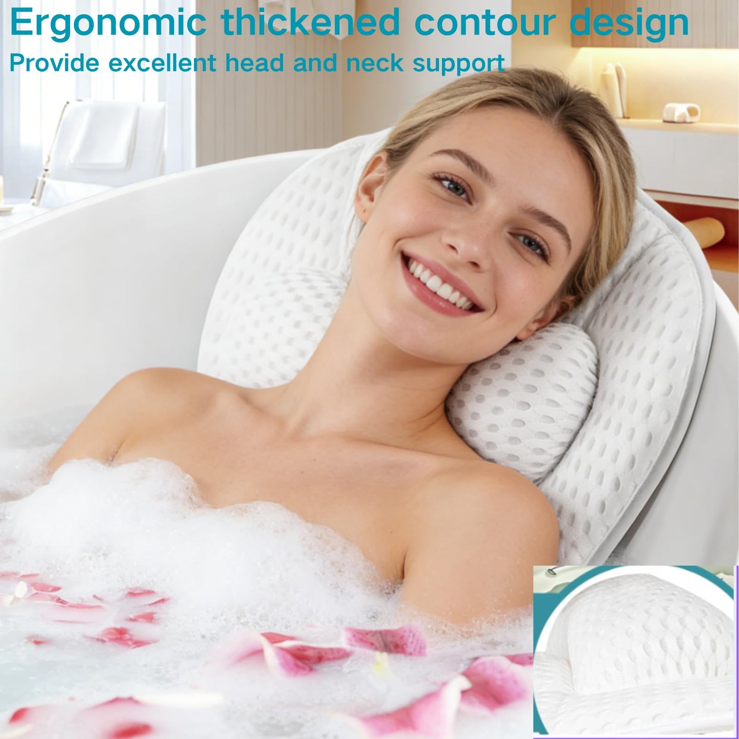 SQLHM Bath Pillows for Tub, Luxury Bath Pillow for Neck and Back Support - with Comfortable Breathable Cotton 6 Non-Slip Suction Cup Bathtub Accessories - Spa Bath Mat Gifts for Women (White)