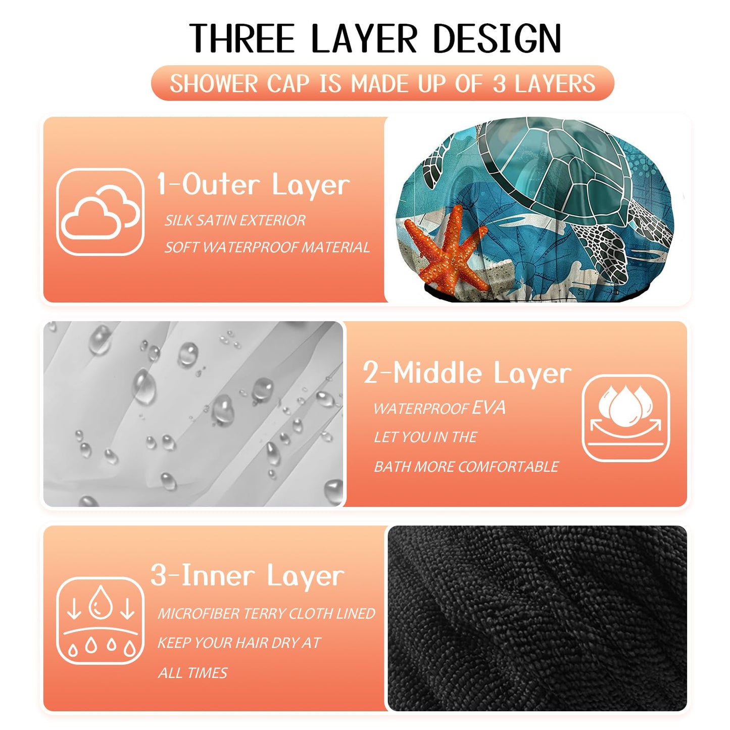 Cabreche Luxury Shower Cap Terry Lined Reusable Triple Layer Waterproof Hair Elastic Caps Shower Bath Hat for Women Girls Cute Aesthetic-Sea Turtle