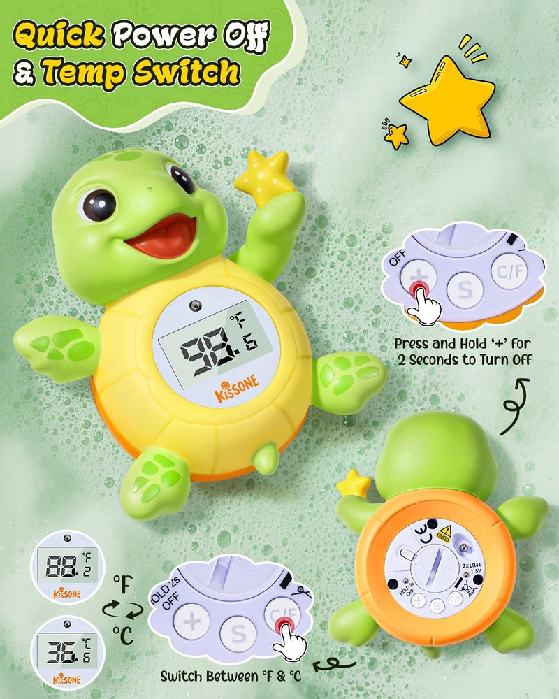 KISSONE Baby Bath Thermometer, Digital Water Temperature Monitor for Newborns & Toddlers, Accurate Temperature Readings, BPA-Free, °F/°C, Floating Turtle Toy with Bath Water Safety