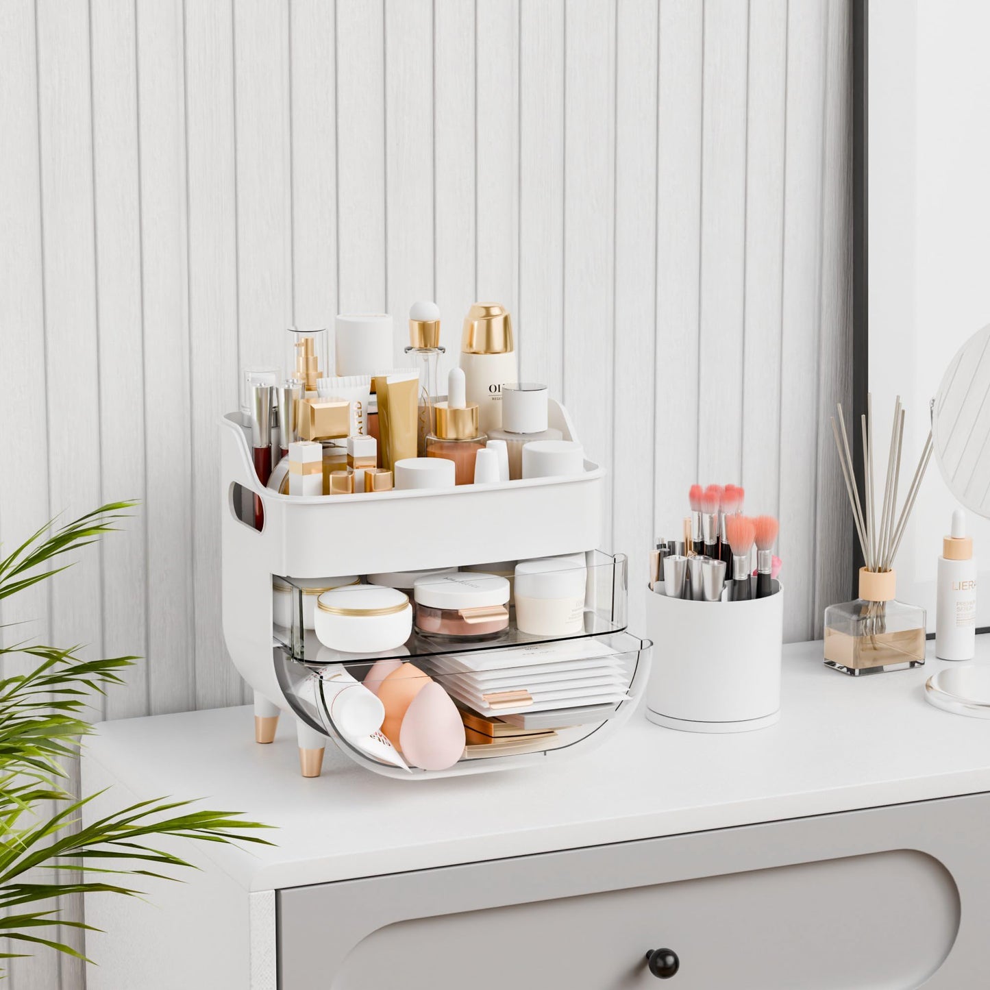Yieach White Make up Organizer for Countertop,Vanity,Large Capacity Bathroom Makeup Skincare Organizers With Brush Holder,Makeup Storage Organizer for Lotion,Beauty Products,Skin Care,Makeup Display