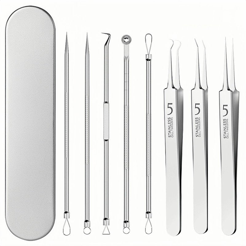 8-Piece Blackhead Remover Tool Kit - Professional Pimple Popper Extractor Set for Acne, Comedones, Whiteheads & Blemishes - Stainless Steel with Metal Case