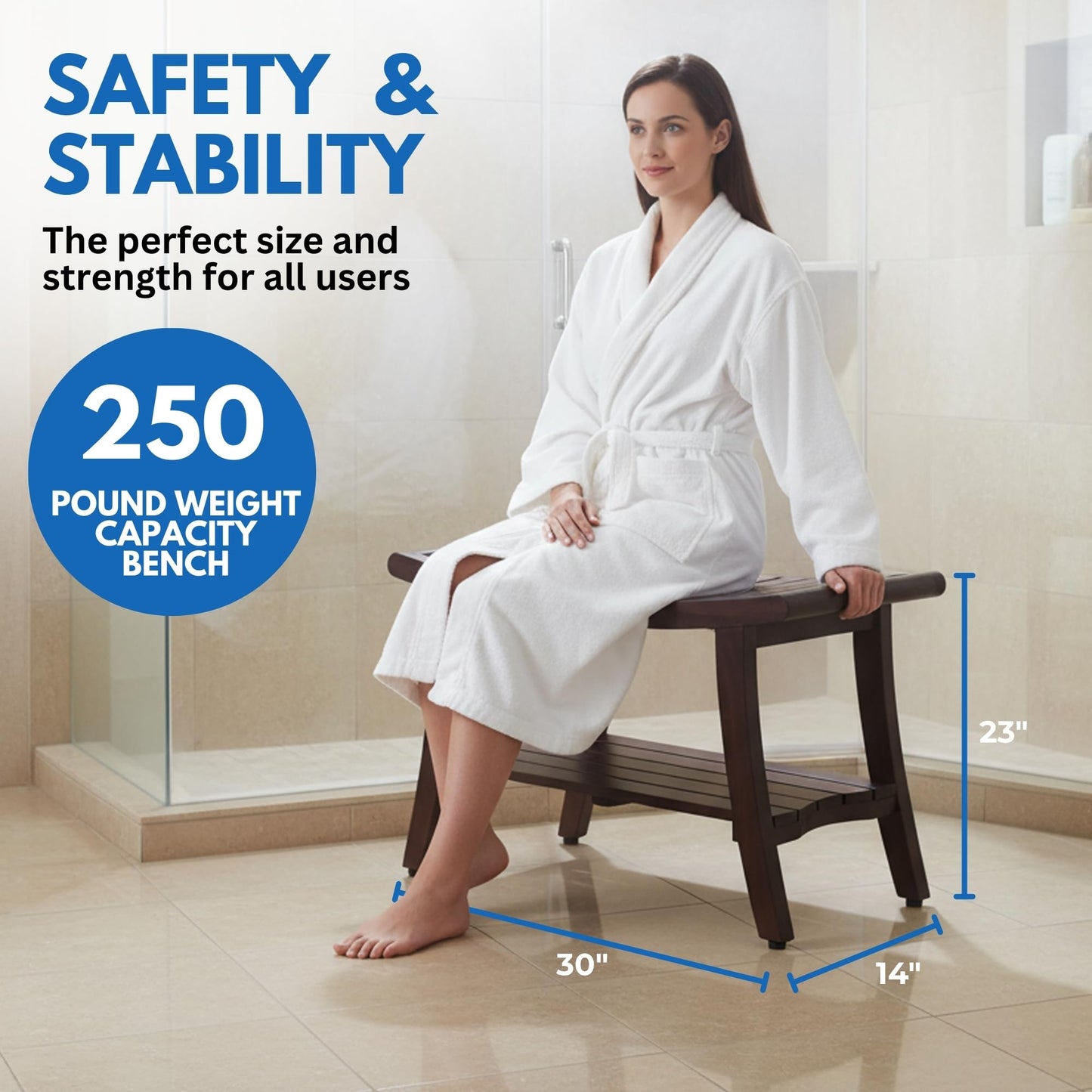 DecoTeak Harmony 30 Inch Brown Waterproof Teak Wood Shower Bench | Provides Safety, Storage, and Organization for Bathroom Accessories