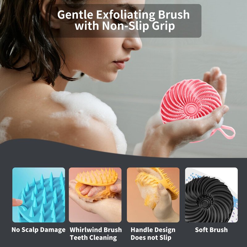 Merleu 2 Pcs Larger Silicone Body Scrubber&Scalp Massager Hair Growth,Dual Sided Dual-Use,Exfoliating Body Scrubber,Wet&Dry Brush for Hair Massager Scalp,Silicone Shower Scrubber (Black and Pink)