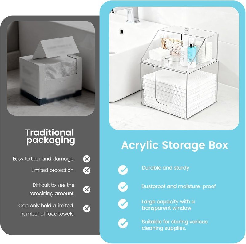 Face Towel Storage Box - 3-in-1 Detachable Acrylic Holder for Bathroom & Vanity | Fits 50 Towels, Clear