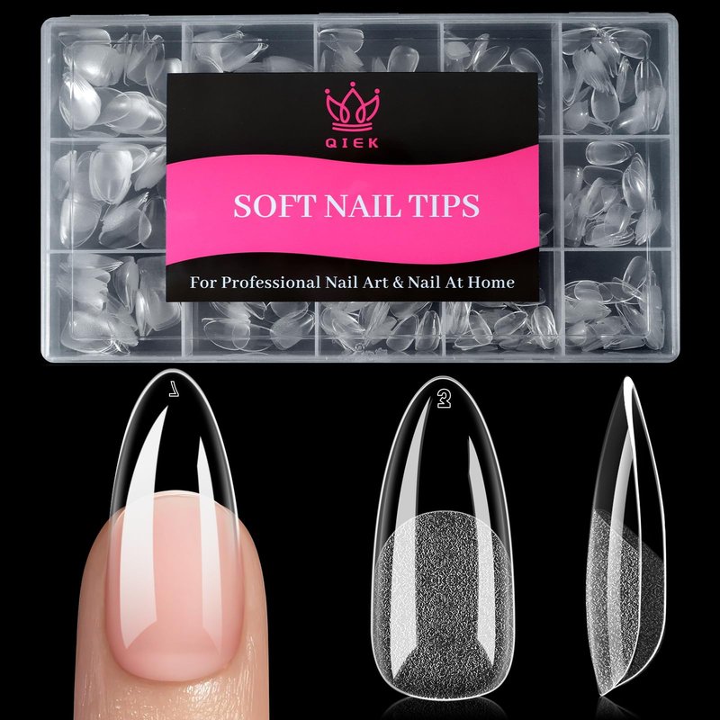 Qiek Medium Almond Fake Nail Tips, 15 Sizes 240 PCS Clear Half Matte Press On False Nail Tips Pre-shaped Full Cover Gel Nail Acrylic Soft Tips Extensions Thick Long Lasting for Home DIY Nail Salon